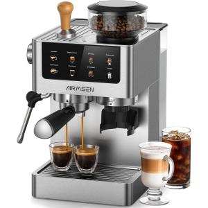 imageAIRMSEN Espresso Machines with Burr Grinder 20 Bar Milk Frother Steam Wand Stainless Steel Coffee Maker for Home  Cappuccino Latte ampamp Cold Brew Iced Coffee Maker ampamp Americano