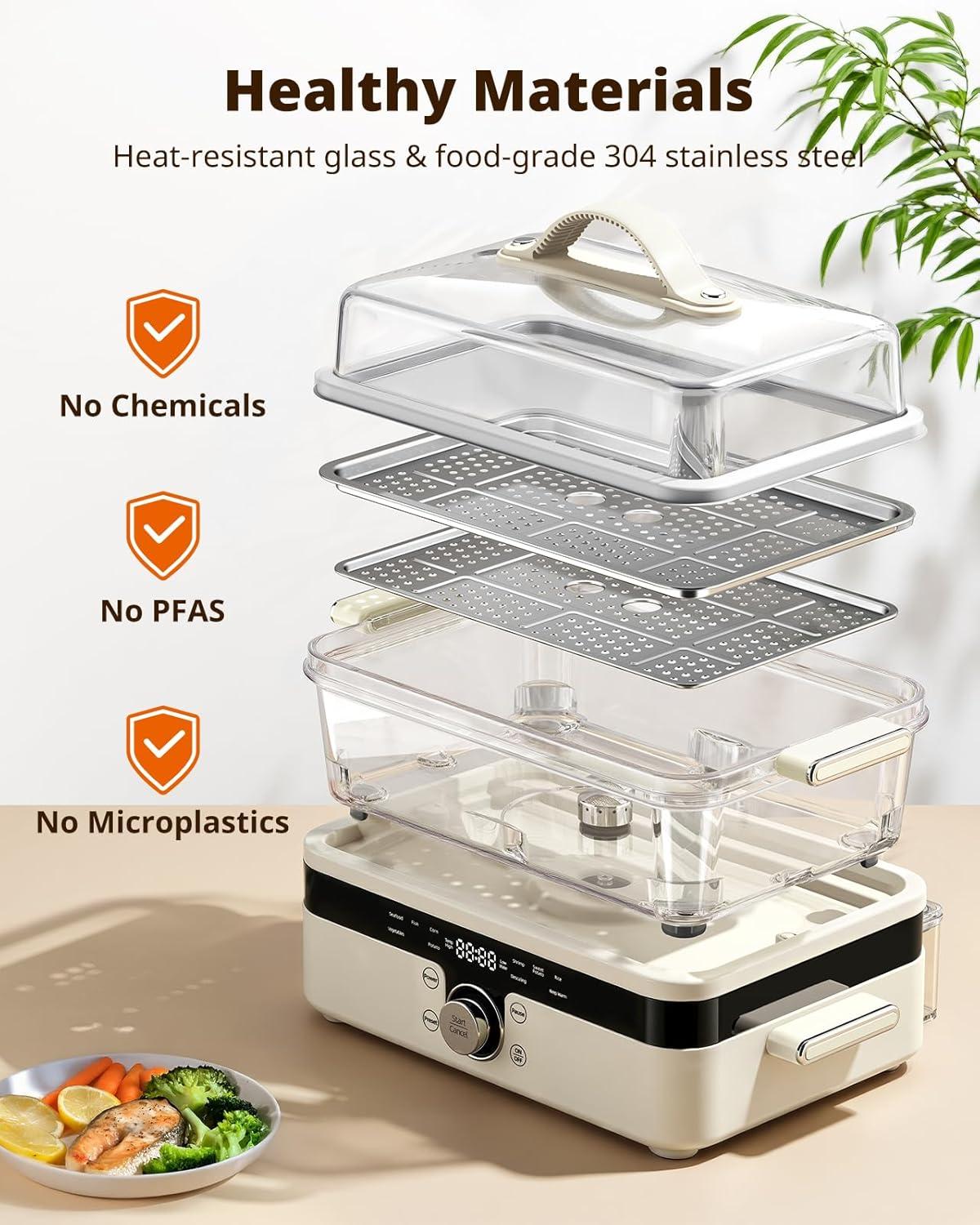 imageAIRMSEN Glass Food Steamer for Cooking  85QT Vegetable Steamer with 2Tier Stainless Steel Trays 1200W Super Fast Heating for Veggies Seafood ampamp Rice BPAFree