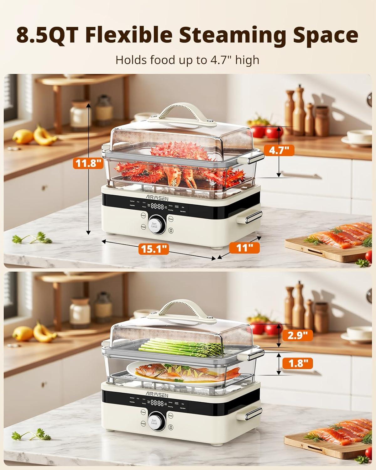 imageAIRMSEN Glass Food Steamer for Cooking  85QT Vegetable Steamer with 2Tier Stainless Steel Trays 1200W Super Fast Heating for Veggies Seafood ampamp Rice BPAFree