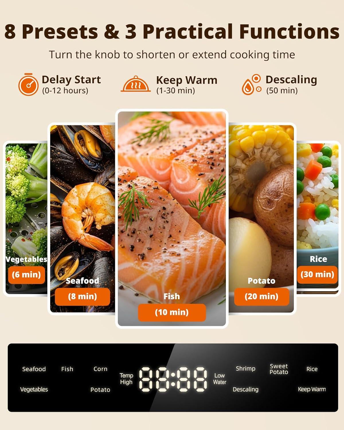 imageAIRMSEN Glass Food Steamer for Cooking  85QT Vegetable Steamer with 2Tier Stainless Steel Trays 1200W Super Fast Heating for Veggies Seafood ampamp Rice BPAFree