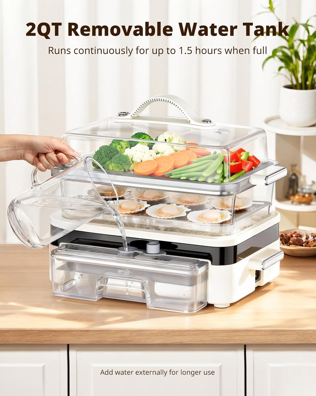 imageAIRMSEN Glass Food Steamer for Cooking  85QT Vegetable Steamer with 2Tier Stainless Steel Trays 1200W Super Fast Heating for Veggies Seafood ampamp Rice BPAFree