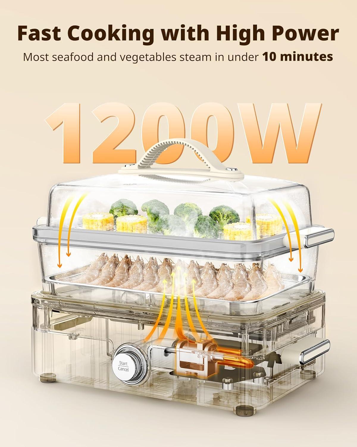 imageAIRMSEN Glass Food Steamer for Cooking  85QT Vegetable Steamer with 2Tier Stainless Steel Trays 1200W Super Fast Heating for Veggies Seafood ampamp Rice BPAFree